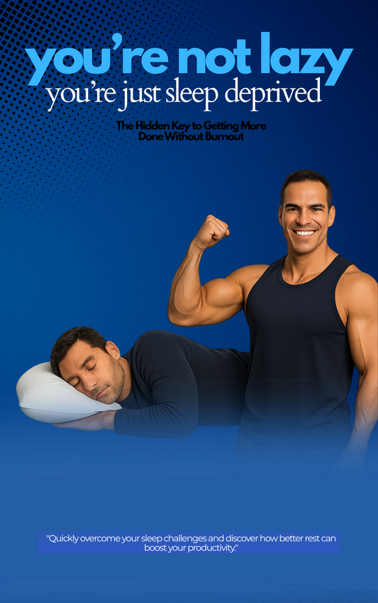 Man sleeping on a pillow with another man flexing muscles against a blue background with text about sleep deprivation.